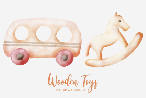 公共汽车和马木制玩具水彩集艺术平面设计插图图片下载