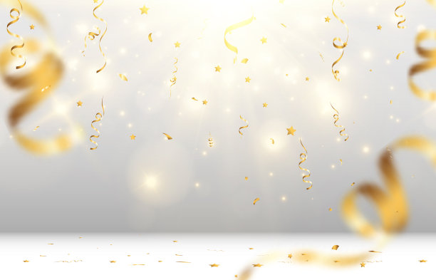 金色的纸屑飘落在美丽的背景上。舞台上飘落的彩带。图片下载