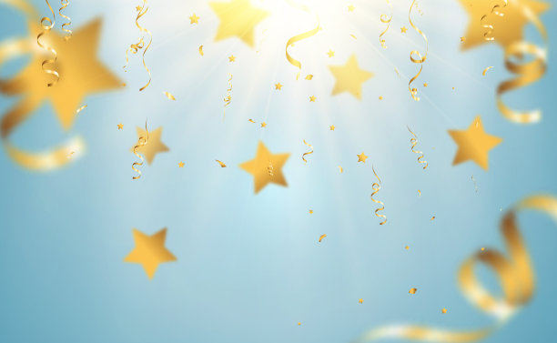 金色的纸屑飘落在美丽的背景上。舞台上飘落的彩带。图片下载