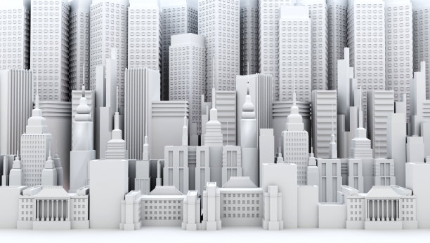 现代化的城市，摩天大楼和周期性的建筑，办公和住宅街区。3D渲染插图，全景视图图片下载