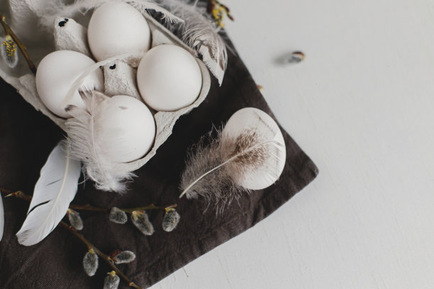 复活节简单的美学平铺。自然鸡蛋托盘，羽毛，柳枝在乡村亚麻餐巾白色木制桌子上。时尚的乡村复活节静物在柔和的白色和棕色的颜色图片下载