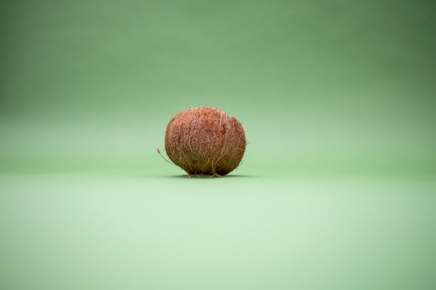 绿色背景上的椰子。绿松石色背景的热带水果。整个图片下载