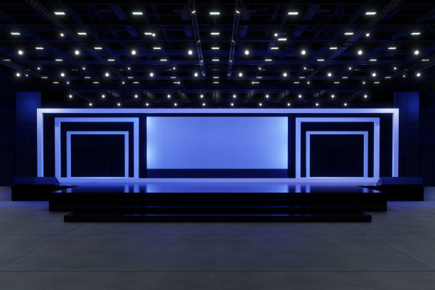 空的舞台设计模型和企业身份，展示。大厅的平台元素。图形资源的黑屏系统。现场事件led夜灯上演。3d背景在线事件，会议，现场。3渲染。图片下载