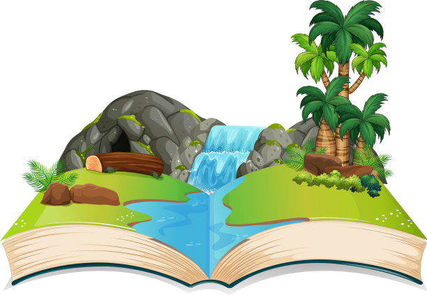 书中有瀑布和树木的场景图片下载