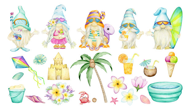 侏儒，棕榈树，鲜花，鸡尾酒，冰淇淋。水彩设置，在卡通风格，在一个孤立的背景。图片下载