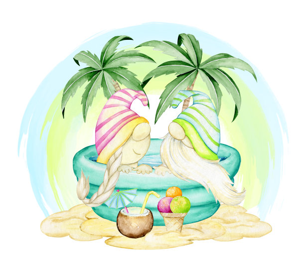 可爱的小矮人，坐在充气泳池里，背景是棕榈树。水彩概念，以沙滩派对为主题，以卡通风格呈现。图片下载
