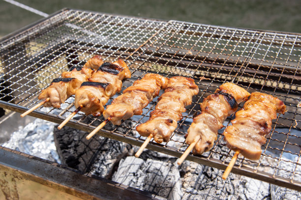 烤鸡肉串是在烧烤架上烤的图片下载