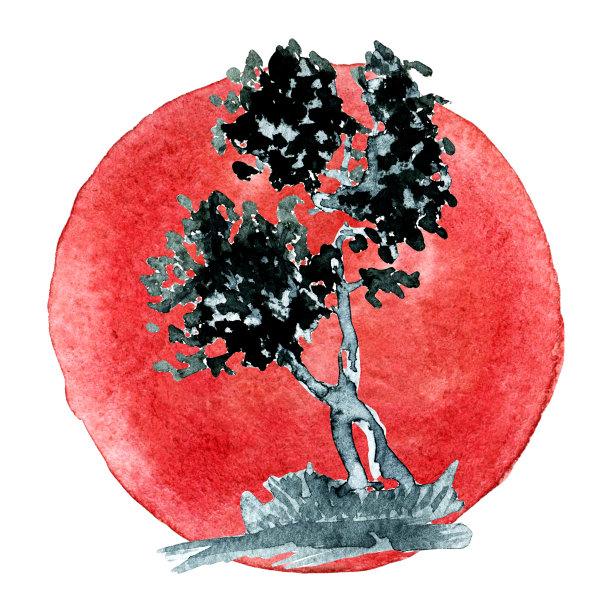 水彩风景与山，湖，太阳和爱塔在传统的日本sumi-e风格在老式水彩背景。图片下载