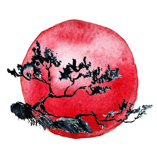 水彩风景与山，湖，太阳和爱塔在传统的日本sumi-e风格在老式水彩背景。图片下载