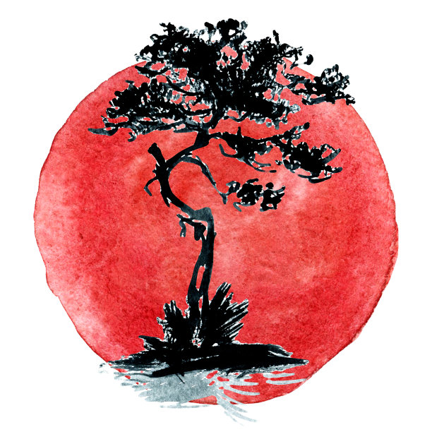 水彩风景与山，湖，太阳和爱塔在传统的日本sumi-e风格在老式水彩背景。图片下载