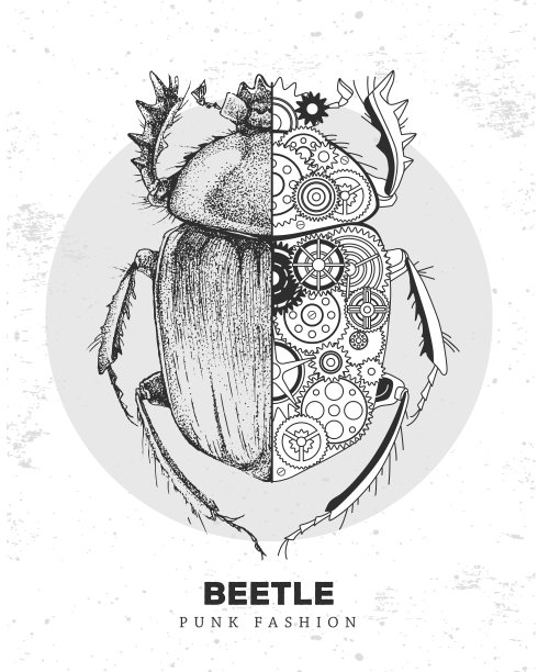 现实主义和朋克风格甲虫插图。有齿轮的甲壳虫轮廓。矢量图图片下载