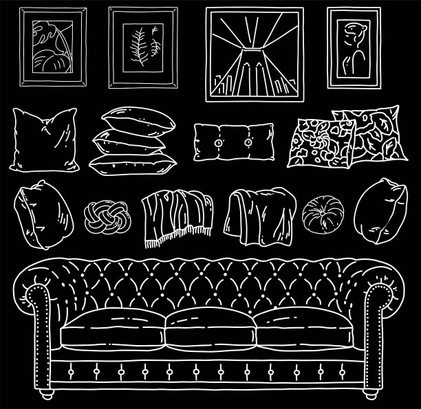 家庭房间内部构造。手绘家具阁楼风格。矢量插图与沙发，枕头，格子，在墙上的图片。图片下载