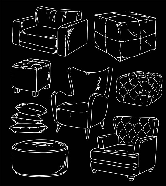 室内矢量线插图扶手椅，软垫和枕头。阁楼风格的房间。线草图说明。图片下载
