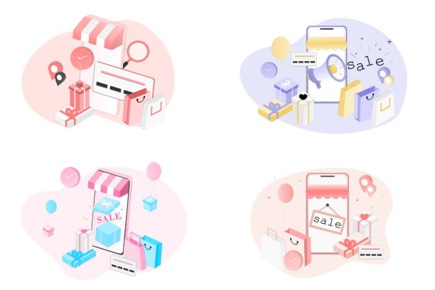一套三维现实的网上购物网站或移动应用矢量营销和数字营销的概念。等距模板的数字商店推广，在线支付，大减价，广告。图片下载