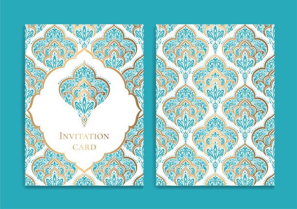 绿松石和黄金豪华邀请卡设计与矢量装饰模式。的模板。可用于背景和壁纸。优雅和经典的矢量元素伟大的装饰。图片下载