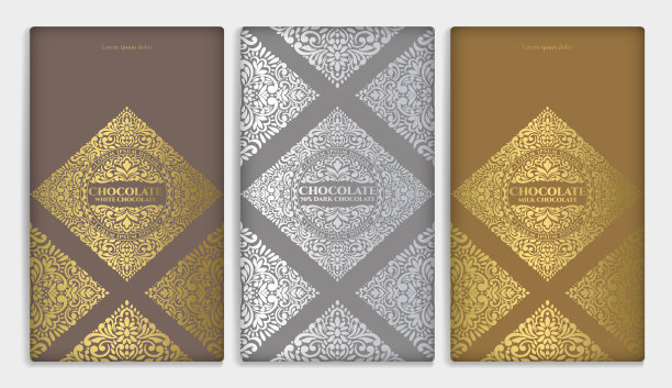 银色和金色复古套装巧克力棒包装设计。矢量豪华模板与装饰元素。可用于背景和壁纸。非常适合食品和饮料包装类型。图片下载