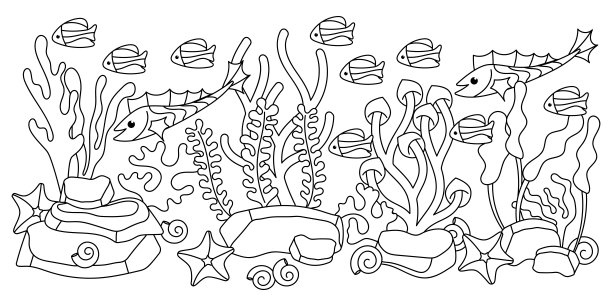 水下边框，成人着色页。海洋动植物。手绘水平矢量插图图片下载
