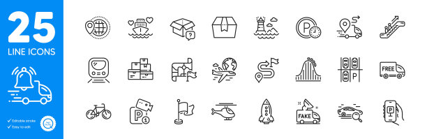 轮廓图标集。旗帜，交付和世界旅游图标。用于网站应用。矢量图片下载