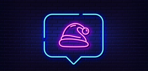 圣诞老人帽子线图标。圣诞节或新年的标志。霓虹灯语音泡泡。向量图片下载