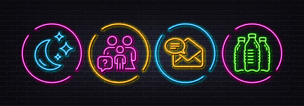 新的邮件，月亮和家庭问题最小的线图标。对于web应用，打印。氖激光3d灯。向量图片下载