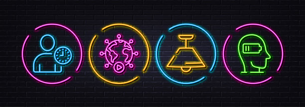 视频会议，时间管理和天花板灯最小的线图标。对于web应用，打印矢量图片下载