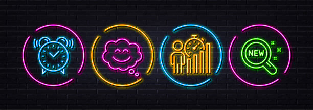 微笑聊天，业务统计和闹钟最小线图标。对于web应用，打印矢量图片下载