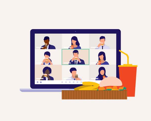 不同的员工群体在一起吃虚拟午餐。图片下载