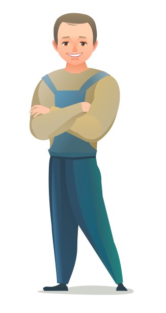 小男孩工匠。青少年在围裙。主在工作服。开朗的人。站立姿势。漫画风格的平面设计。单个的字符。插图孤立在白色背景上。向量图片下载