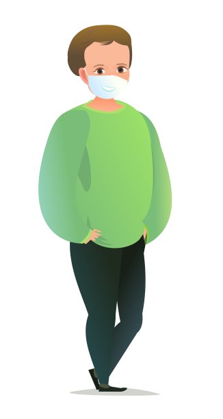 戴面具的帅气小男孩。快乐的中年少年。开朗的人。站立姿势。漫画平面设计。单个的字符。插图孤立在白色背景上。向量图片下载