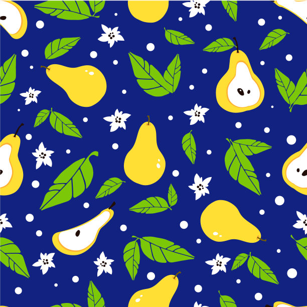 无缝的矢状花模式，黄梨和花序，绿叶。蓝色背景上的矢量插图。植物印。图片下载