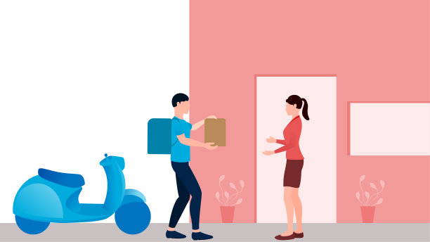 送包裹的人与滑板车客户，快递业务矢量插图在白色背景。图片下载