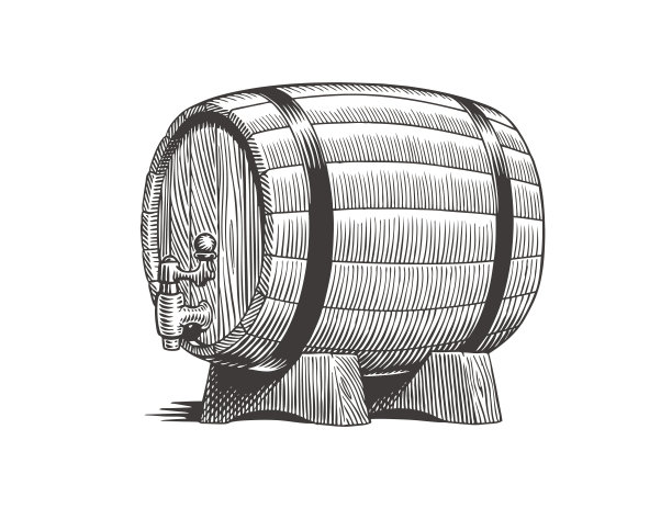 老式木桶或酒桶，用来装啤酒或葡萄酒，孤立在白色背景上。雕刻风格矢量插图。图片下载