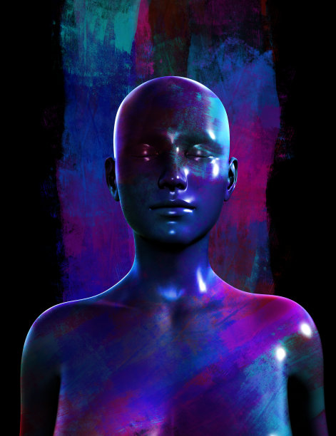 抽象的3d渲染插图光泽的背部和紫色蓝色调色板彩色的女性脸。图片下载