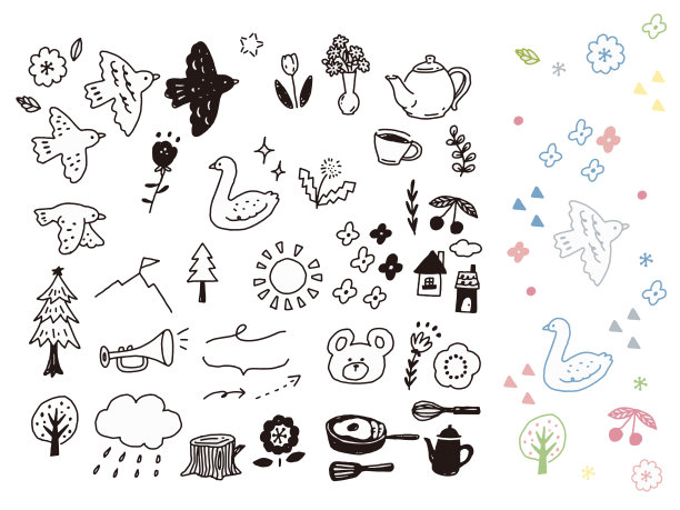 黑白，单调，线描插图(手写，时尚，北欧，鸟，花)黑白，单调，线描插图。手写，时尚，时尚，北欧，鸟，花。图片下载