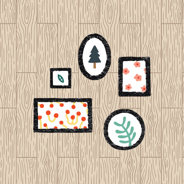 一组帧纹理矢量插图。黑色图片照片海报框架上的木材背景。图片下载