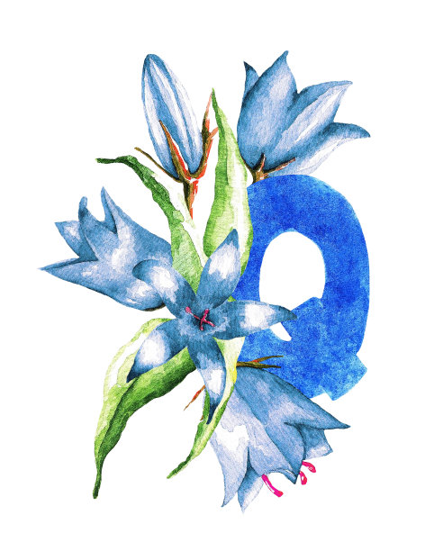 字母Q和铃铛。水彩图片下载