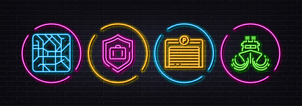 行李保护，地铁地图和停车场最小线图标。对于web应用，打印矢量图片下载