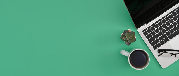 电脑笔记本电脑，咖啡杯和多肉植物在绿色背景与文本复制空间。剥。图片下载