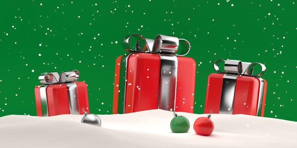 圣诞礼品盒，可爱的红色圆形装饰节日礼品盒与亮绿色的雪背景。雪下降。庆祝现实的概念。三维渲染图片下载