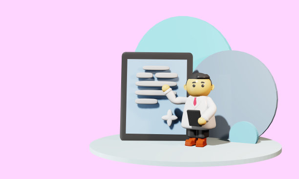 3 d渲染。卡通风格的可爱医生，拿着平板电脑，用手指着大屏幕。图片下载