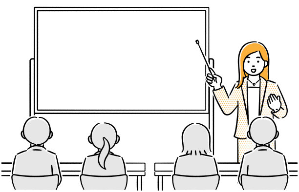研讨会讲师(女性)和听解释的人的场景插图图片下载