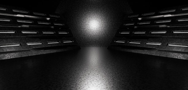 科幻网络背景外星人飞船房间隧道走廊暗银灰色背景飞船建筑3D插图图片下载