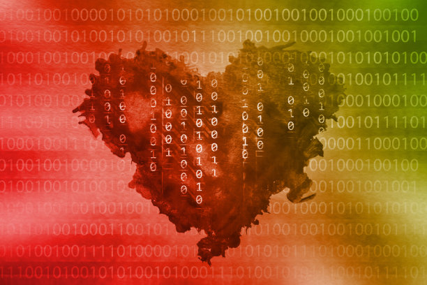 在二进制代码背景上画上红色的心。图片下载