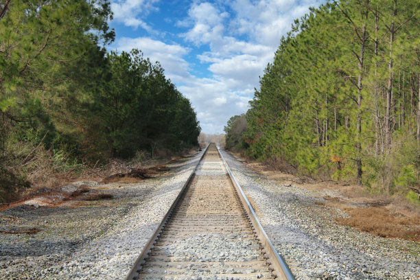 距离地平线，火车轨道，铁路，农村，农村轨道，阴天阳光明媚的工业运输景观图片下载