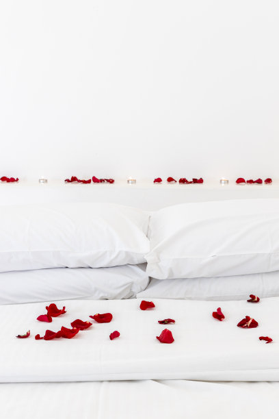 玫瑰花瓣在白色床正面垂直观图片下载