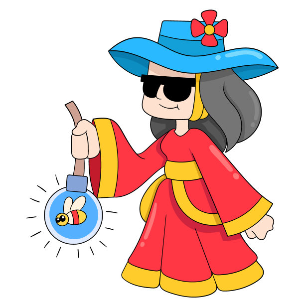 女巫正拿着萤火虫作为灯光，涂鸦图标形象可爱图片下载