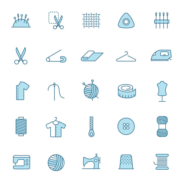 缝纫线填充矢量图标在两种颜色孤立在白色背景。缝纫蓝色图标设置网页设计，ui，移动应用程序，打印测谎仪和促销业务图片下载