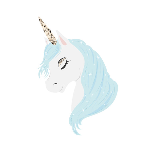 白色独角兽矢量插图为儿童设计。蓝色的头发。孤立。可爱的幻想的动物。图片下载