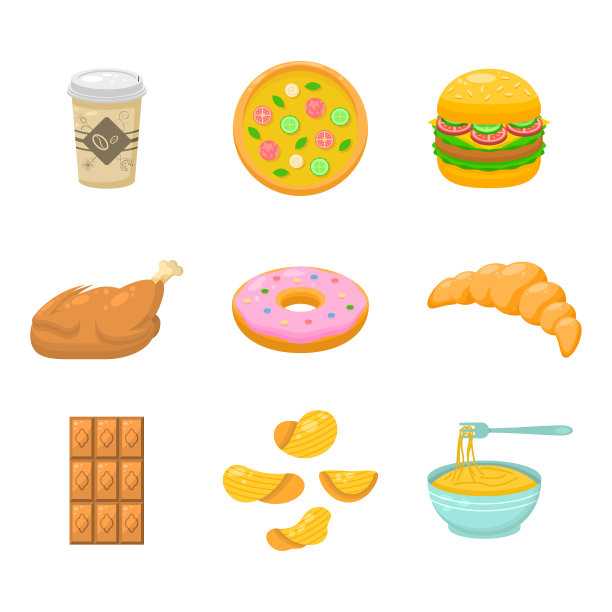 集抽象集合平面卡通不同颜色快餐概念矢量设计风格元素与阴影味道鲜美图片下载