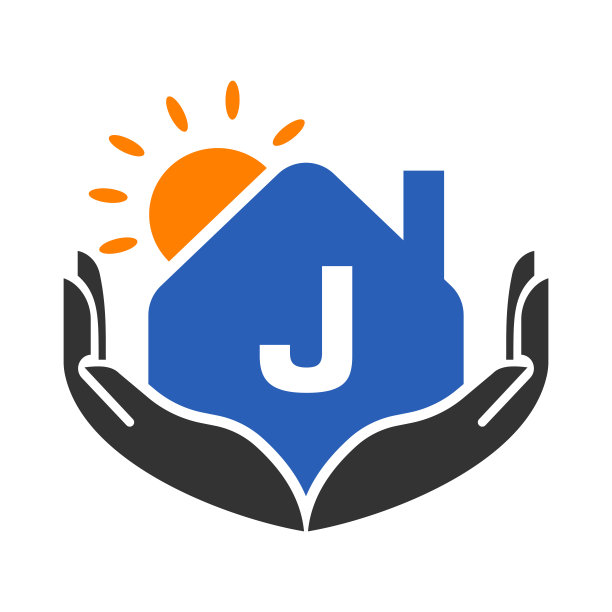 房地产标志在字母J签名，概念与太阳，房子和手模板。安全家园标志元素矢量图片下载